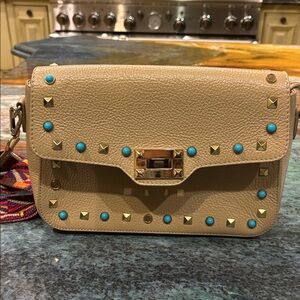 RED Valentino Tan Crossbody Bag with Turquoise and Gold Studs